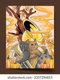 Couple Cats Playing Music with Autumn Fall Flat Illustration Cover Poster Banner