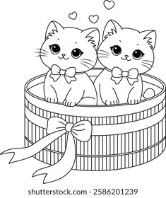 A couple of cats sitting in a box, Valentine's Day coloring page for kids 