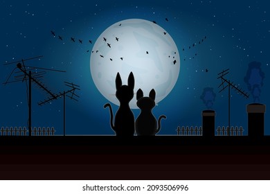 Couple Cats Sitting On Roof And Looking To Moon.  Romance Cats Silhouette In Night And Full Moon. Two Loving Kitty On House Top On Fullmoon Background. Valentines Day Design. Stock Vector Illustration