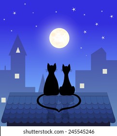 couple cats sitting on roof and looking to moon, vector illustration