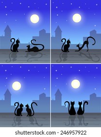 couple cats sitting on roof, silhouette of old town, blue sky with moon and stars on background, for pictures,  vector illustration