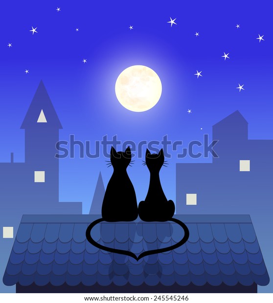 couple cats sitting on roof and looking to\
moon, vector\
illustration