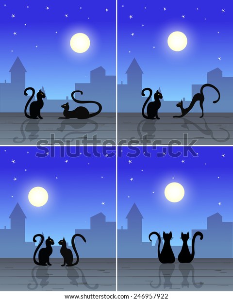 couple cats sitting on roof, silhouette of\
old town, blue sky with moon and stars on background, for pictures,\
 vector illustration