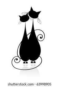 Couple cats sitting together, black silhouette for your design