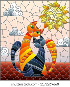 A couple of cats in stained glass abstract style sitting on the roof against the cloudy sky and the sun