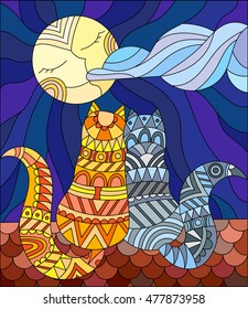 A couple of cats in stained glass abstract style sitting on the roof against the sky and the moon