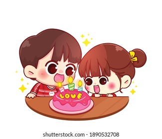 Couple celebrate birthday happy with cake Happy valentine cartoon character illustration Premium Vector