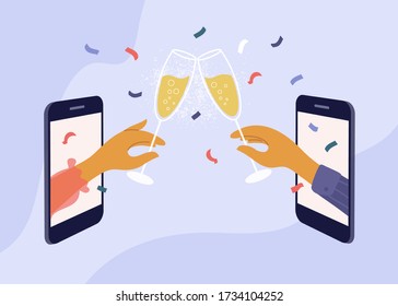 Couple celebrate birthday or holiday event remote by internet. Meeting friends at online quarantine party. Female and male hands clink champagne glasses through smartphone screen. Vector illustration.