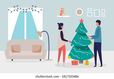 couple celebrate Christmas and new year holidays together and decorate the Christmas tree with balls in room. Winter family holidays concept. Flat vector illustration