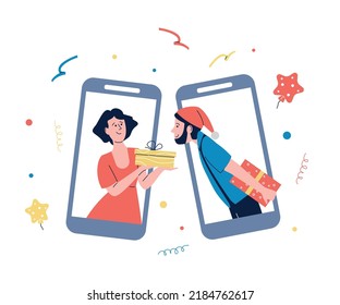 Couple celebrate christmas online. Holiday together, video call by phone celebration. Friends, family or boyfriend digital party, recent vector concept