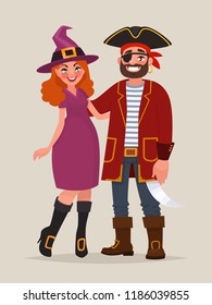 Couple of  celebrate Halloween. A man in a pirate costume and a woman dressed as a witch at a masquerade party. Vector illustration in cartoon style