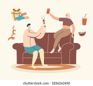 Couple Celebrate Home Party during Covid Quarantine. People Sitting at Couch Drinking Cola or Alcohol. Friends Company Leisure, Weekend Spare Time, Celebration. Linear Characters Vector Illustration