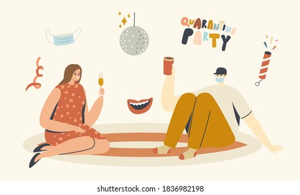 Couple Celebrate Home Party during Covid Quarantine. Male and Female Characters Sitting on Floor Drinking Cola or Alcohol. Friends Leisure, Spare Time, Celebration. Linear People Vector Illustration