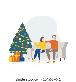 Couple celebrate on christmas or new year holiday. People activity in Christmas. Hand draw thin line style. Vector illustration.