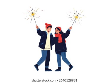Couple celebrate with sparklers during winter season