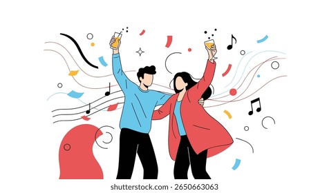 Um casal celebra com confete e música sob uma atmosfera festiva desfrutando de um momento feliz juntos
