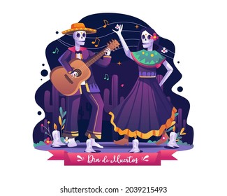 The couple celebrates Day Of Dead, Dia De Los Muertos by dancing and playing music. Traditional Mexican Halloween Holiday Party. Flat vector illustration