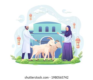 The couple celebrates Eid al Adha by donating two goats for qurban. Eid Al Adha Mubarak. Flat vector illustration