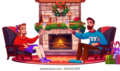 Couple celebrates holiday evening beside stone fireplace with champagne toast. Winter holiday home interior with decorated chimney with Christmas wreath, greenery and candles, wrapped gift boxes.