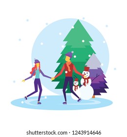 Couple celebrates a new year or Christmas. Give presents to each other.