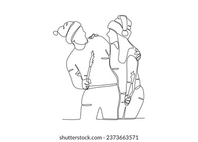 A couple celebrates the new year intimately. New years eve one-line drawing