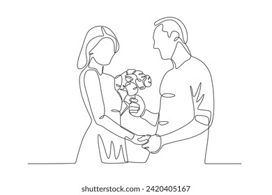 A couple celebrates their anniversary. Flowers for woman one-line drawing