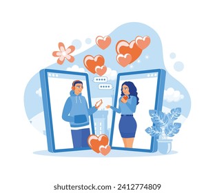 A couple celebrates Valentine's Day online. Couple making video calls via smartphone. Virtual Relationships concept. Flat vector illustration.