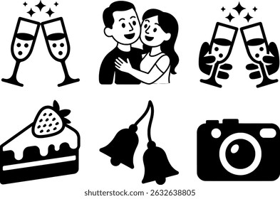 Couple celebrating anniversary cake champagne camera
