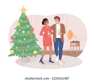 Couple celebrating Christmas 2D vector isolated illustration. Happy flat characters on cartoon background. New Year party colourful editable scene for mobile, website, presentation