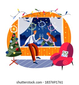 Couple celebrating Christmas. Happy holiday celebration vector illustration. Festive party at home, romantic couple drinking wine by window with fireworks in air. Xmas night in winter.