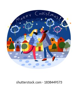 Couple celebrating Christmas outdoors. Happy holiday celebration vector illustration. Romantic couple walking holding hands at xmas night in city. Winter festive retro magic.