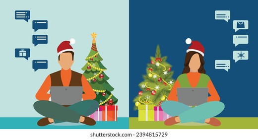 Couple celebrating christmas together on video conference with christmas decorations, Christmas vector illustration.