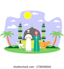 Couple celebrating eid al adha flat vector illustration. Eid al-Adha or Eid Qurban, Qurban Bayrami, also called the "Festival of the Sacrifice", is the second of two Islamic holidays.