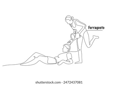 Couple celebrating ferragosto on the beach. Ferragosto concept one-line drawing