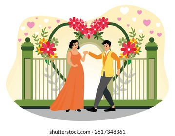 A couple celebrating a happy day. Elegantly dressed and in a romantic background. Flat vector illustration.