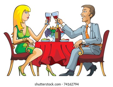 Couple celebrating or having romantic date in a restaurant, vector illustration