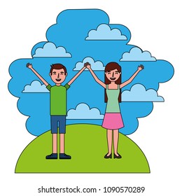 couple celebrating in landscape isolated icon
