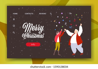 couple celebrating merry christmas happy new year winter holidays concept fat guy and thin girl having confetti party horizontal greeting card full length vector illustration