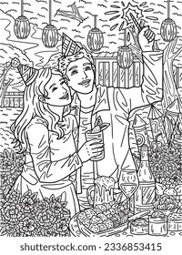 Couple Celebrating New Year Adults Coloring Page 