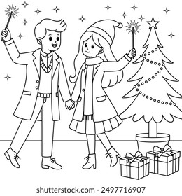 Couple Celebrating New Year cartoon outline coloring page. Christmas colouring book 