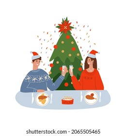 Couple Celebrating New Year Or Christmas Sitting At Table With Christmas Food in plate. Holiday toast. Home with xmas tree. Vector flat hand drawn Illustration.