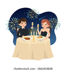 Couple celebrating new year with romantic candle light dinner and fireworks. Cheers with champagne. Flat vector cartoon isolated on white