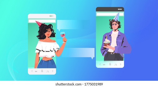 couple celebrating online party friends having virtual fun celebration concept smartphone screen mobile app horizontal portrait vector illustration
