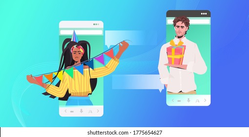 couple celebrating online party friends having virtual fun celebration concept man woman discussing during video call in smartphone screens horizontal portrait vector illustration