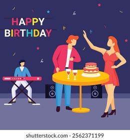 Couple Celebrating at rooftop concept, Boy expressing heartfelt gratitude to her Spouse vector design, special anniversary events card, Cheers to another year banner, indoor Party People illustration