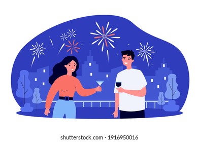 Couple celebrating special date, drinking wine. City firework in background. Flat vector illustration. Holiday, anniversary, festive event, party concept for banner, website design or landing web page