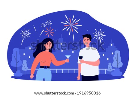 Couple celebrating special date, drinking wine. City firework in background. Flat vector illustration. Holiday, anniversary, festive event, party concept for banner, website design or landing web page
