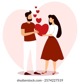 Couple celebrating Valentines Day with a heart in a romantic setting surrounded by floating hearts