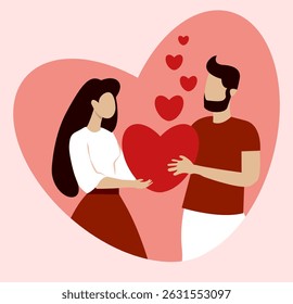 Couple celebrating Valentines Day with a heart in a romantic setting surrounded by floating hearts