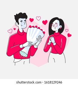 Couple celebrating valentine's day, man or boyfriend gives bouquet of roses to woman or his girlfriend and makes her happy, hearts in background, vector illustration